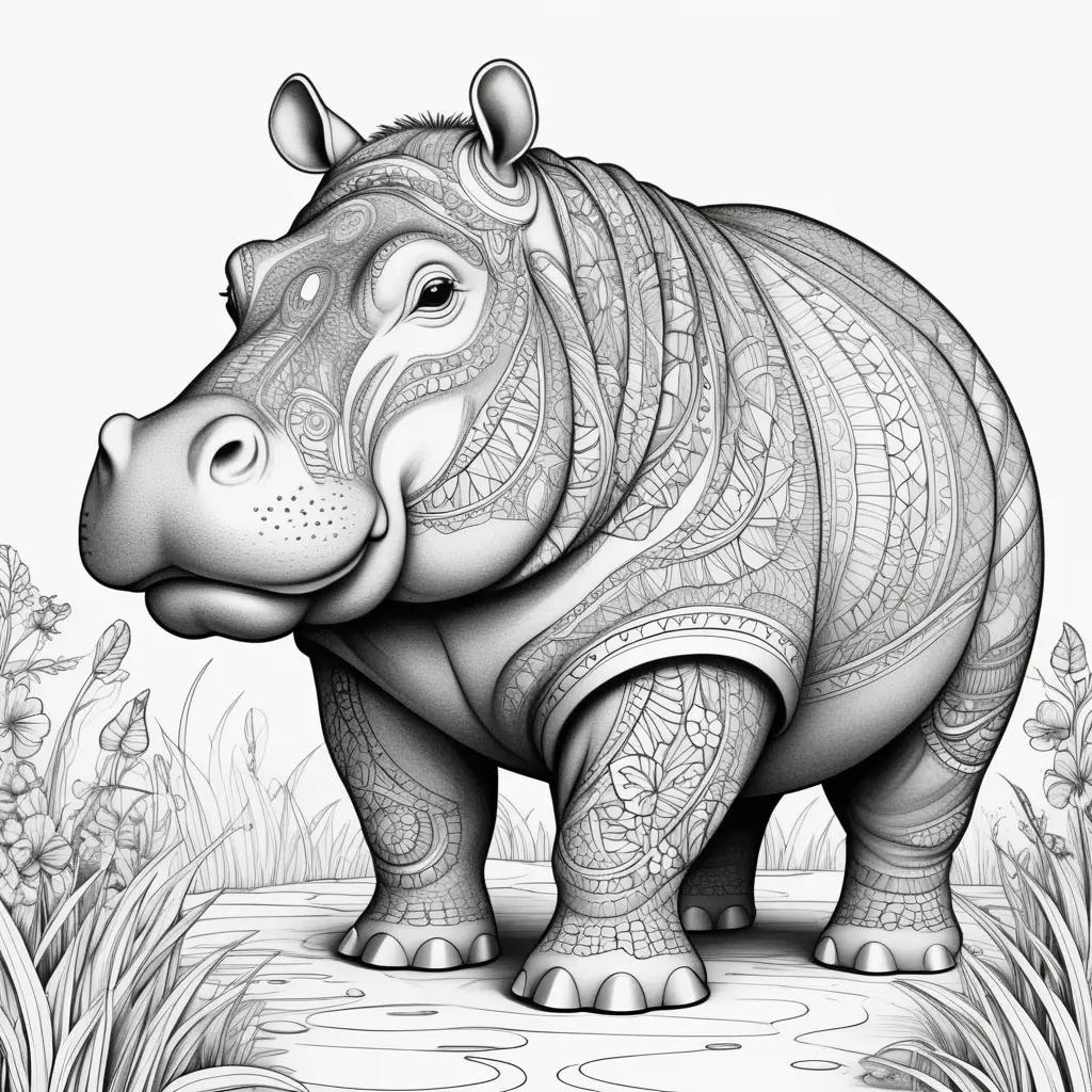 black and white drawing of a hippo on a coloring page