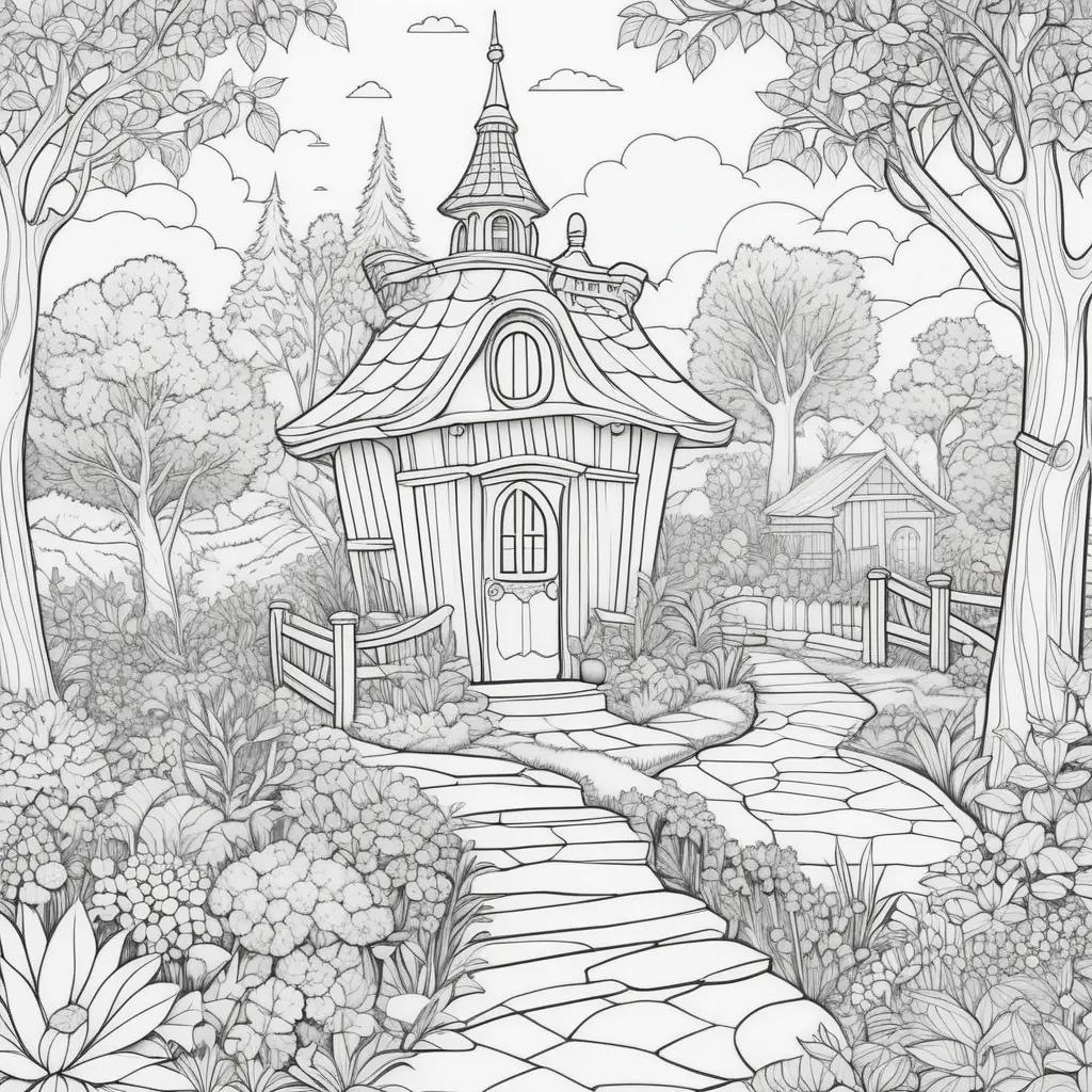 black and white drawing of a house and garden