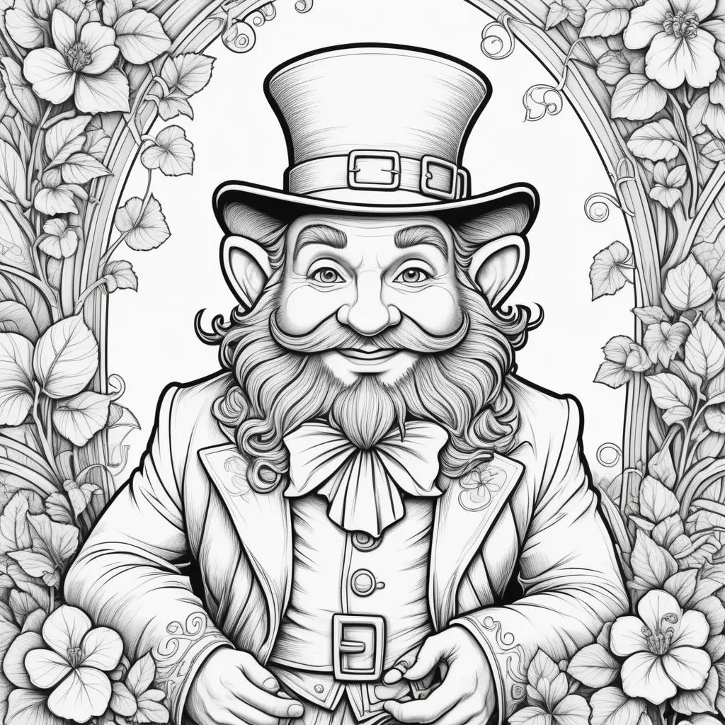 black and white drawing of a leprechaun with a top hat and bow tie