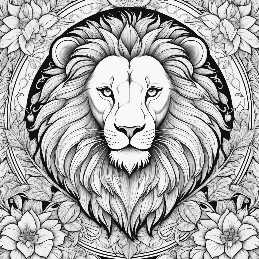 black and white drawing of a lions face on a floral background