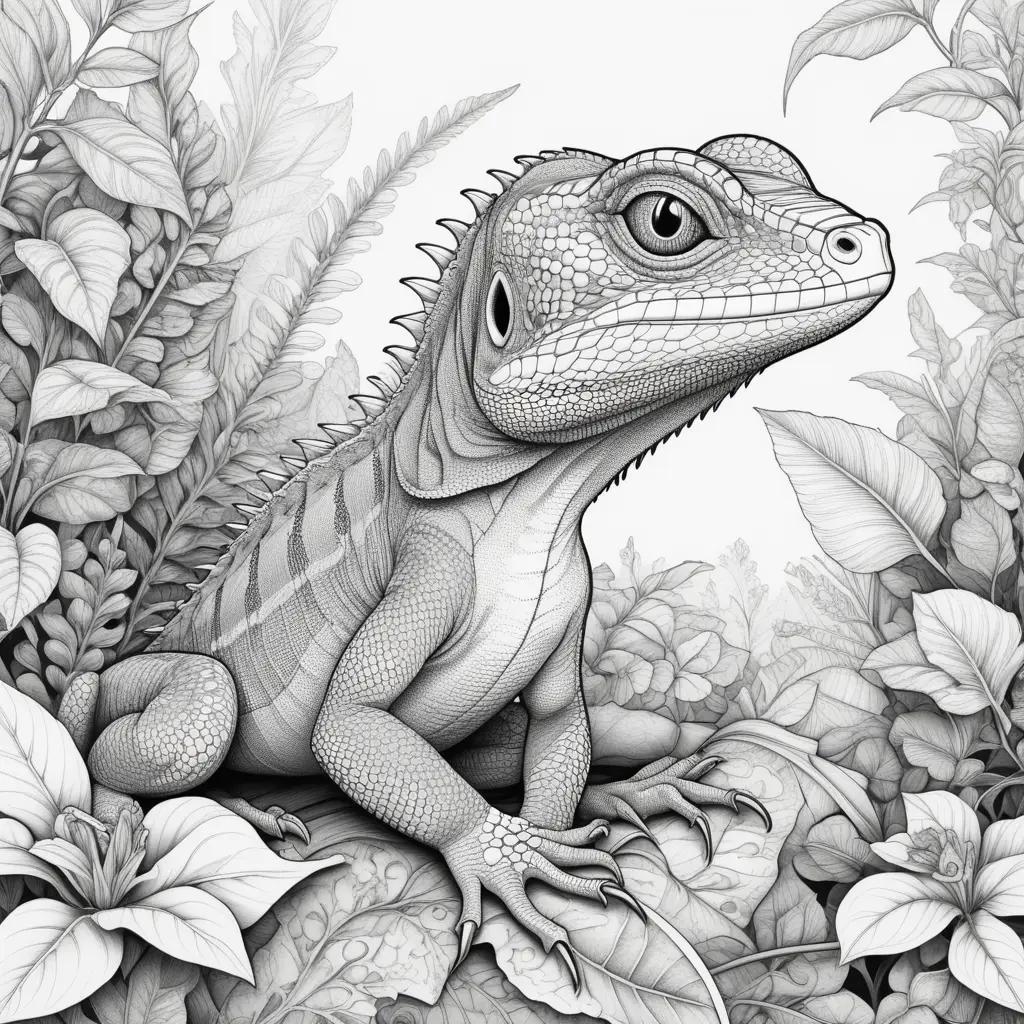 black and white drawing of a lizard on a leaf