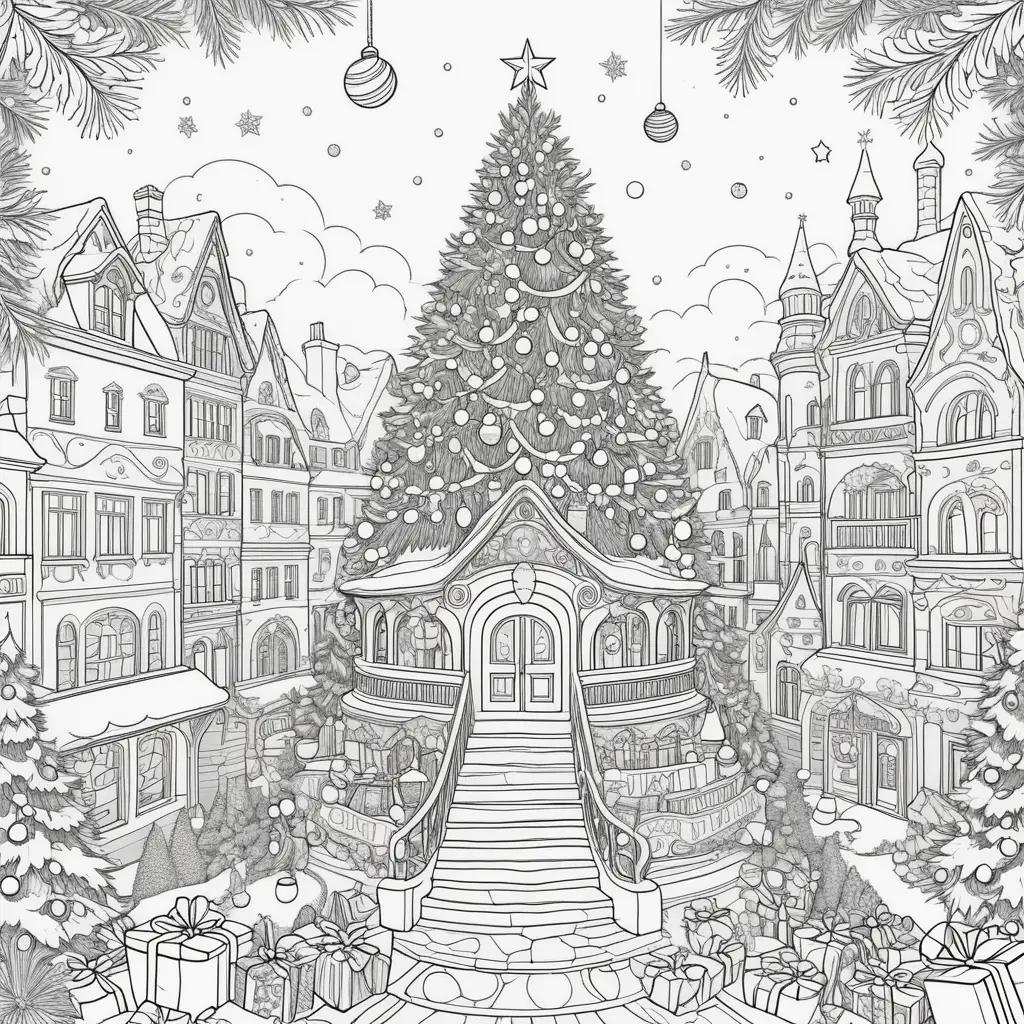 black and white drawing of a merry Christmas tree