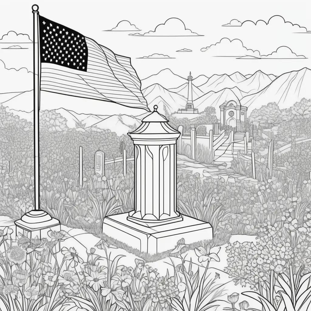 black and white drawing of a monument and flag on Memorial Day