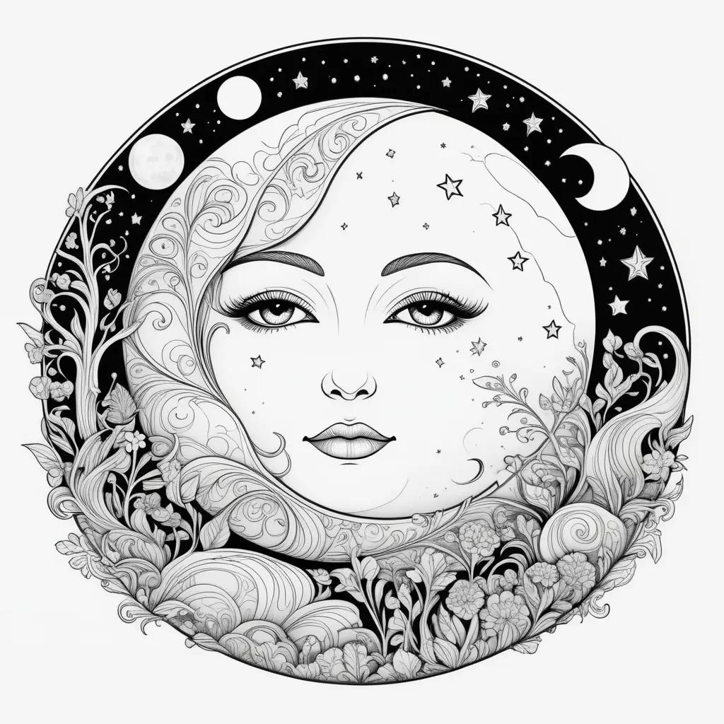 black and white drawing of a moon and a woman