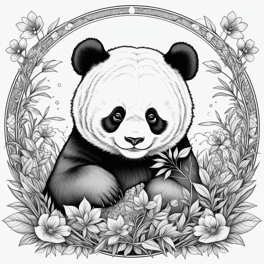 black and white drawing of a panda bear with flowers