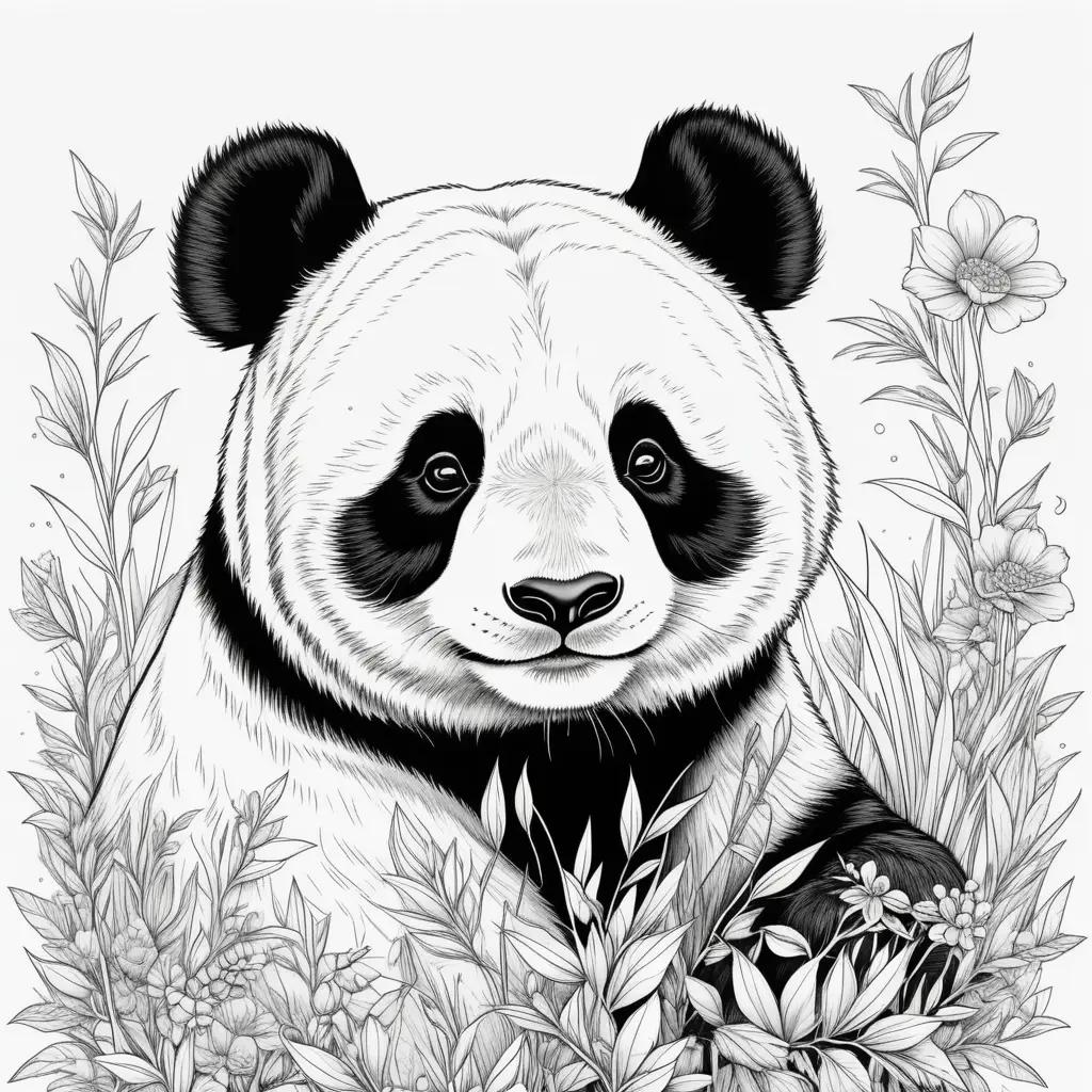 花を背景にしたパンダの白黒の絵