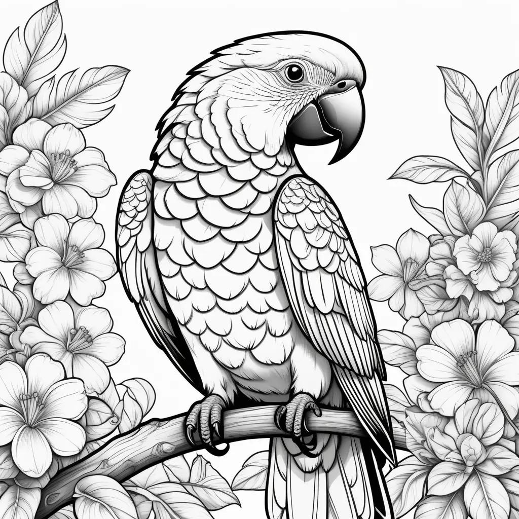 black and white drawing of a parrot on a branch