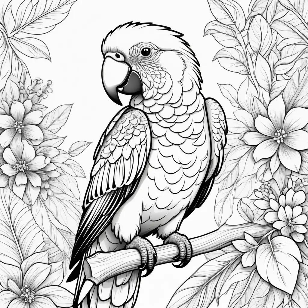 black and white drawing of a parrot on a branch