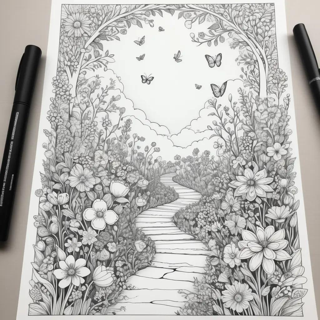 black and white drawing of a path in a garden