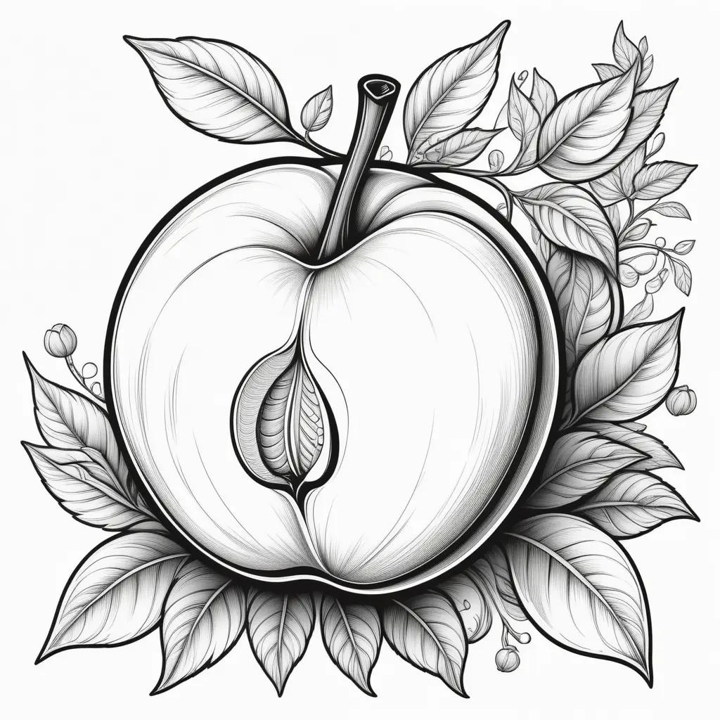 black and white drawing of a peach and leaves