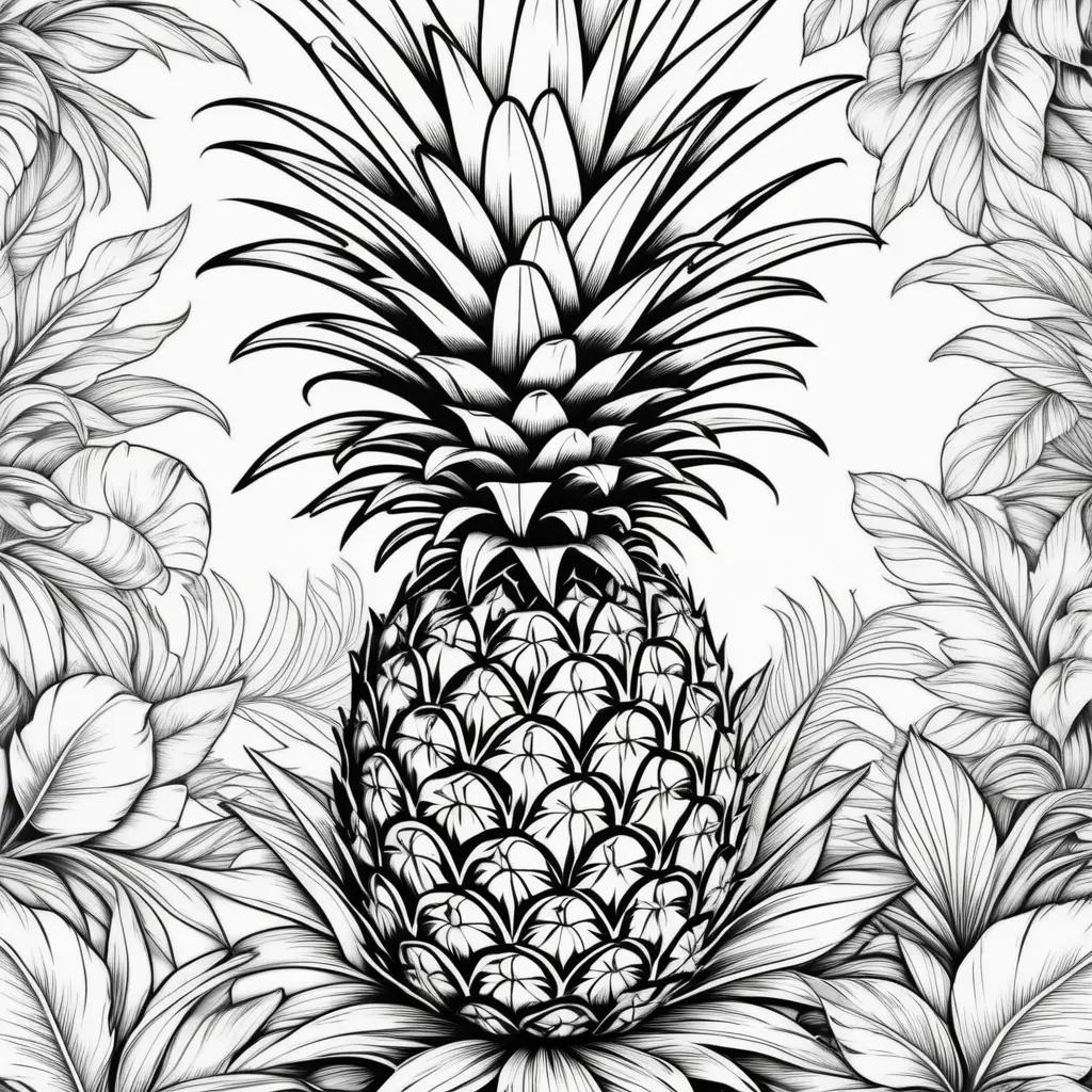 black and white drawing of a pineapple on leaves