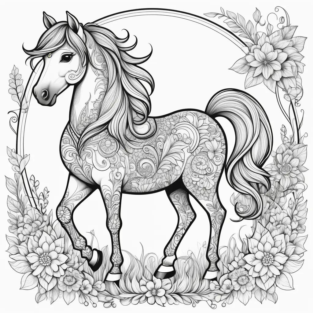 black and white drawing of a pony with a floral border