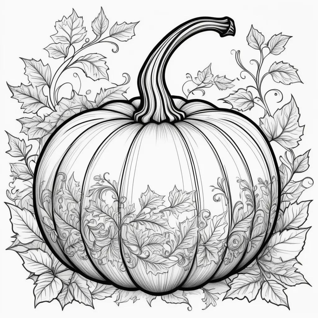 black and white drawing of a pumpkin with leaves