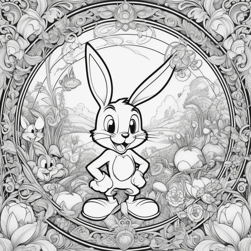 ウサギと花の白黒画