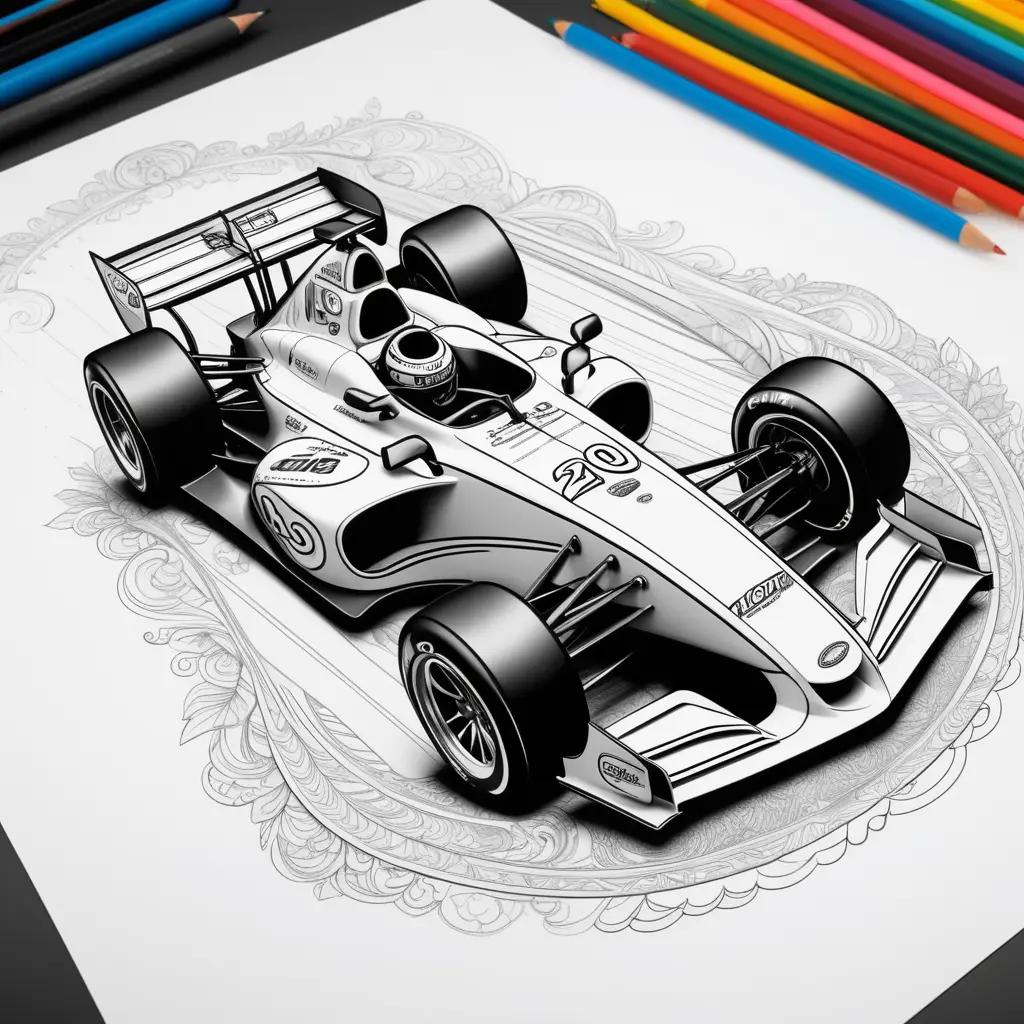 black and white drawing of a race car, with colored pencils on the background