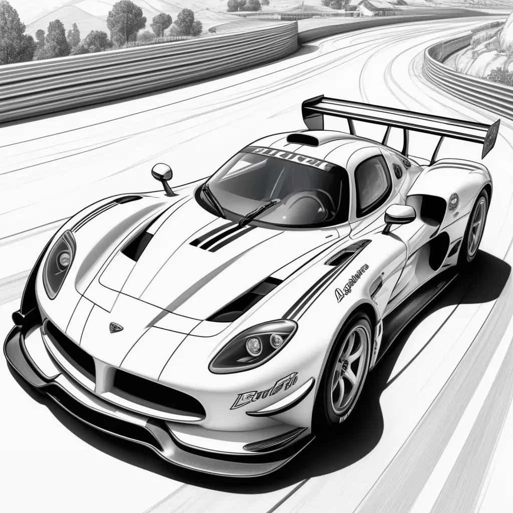 black and white drawing of a racecar on a track