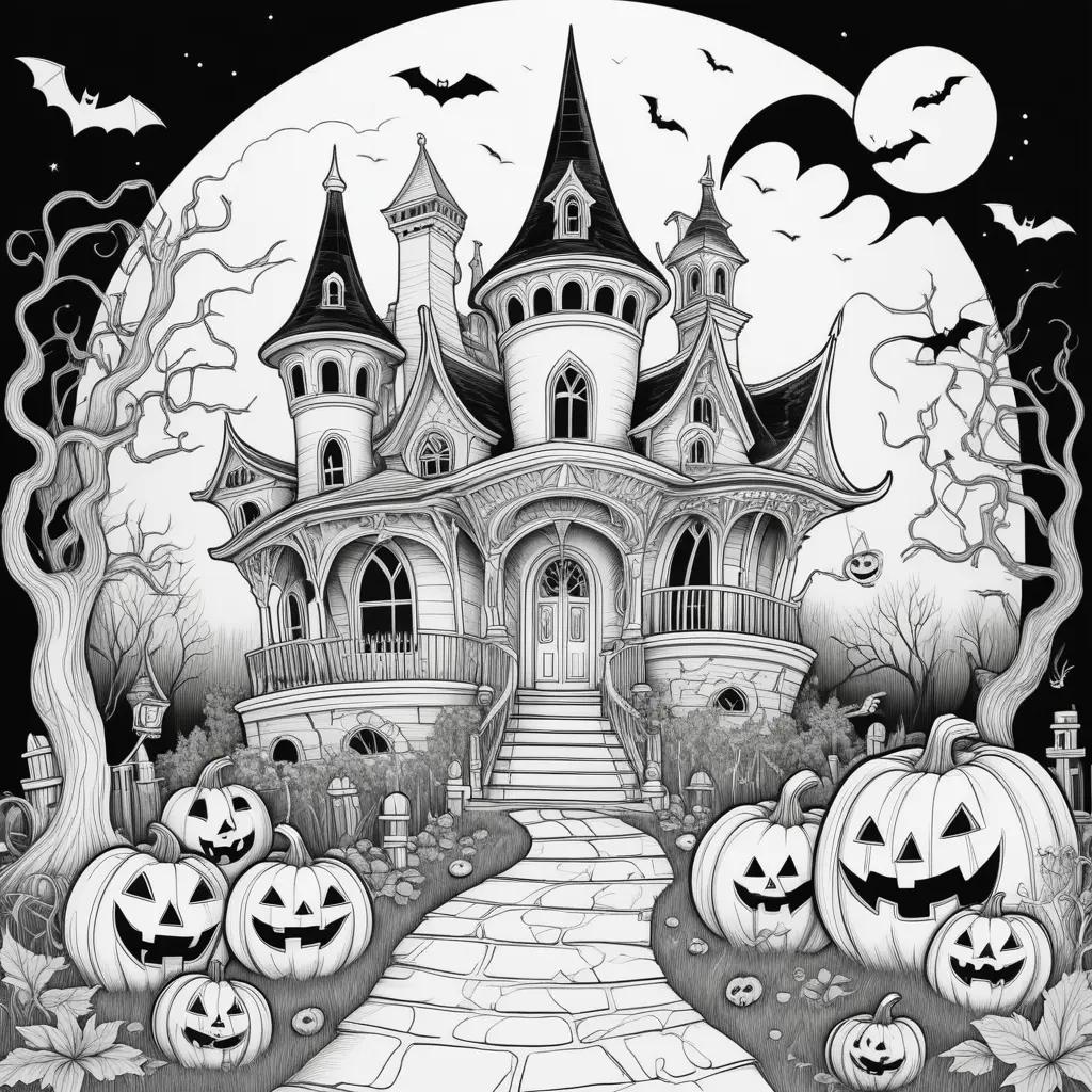 black and white drawing of a scary Halloween house