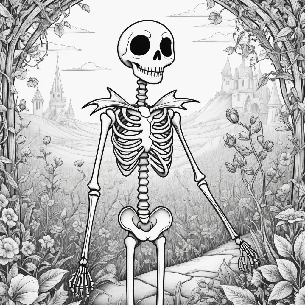 花畑の骸骨の白黒絵