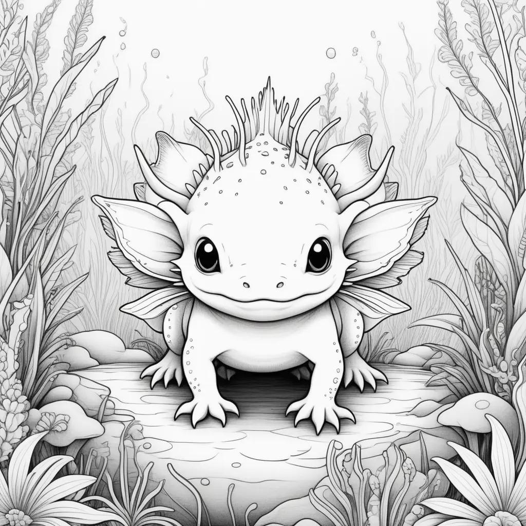 black and white drawing of a small axolotl in a pond