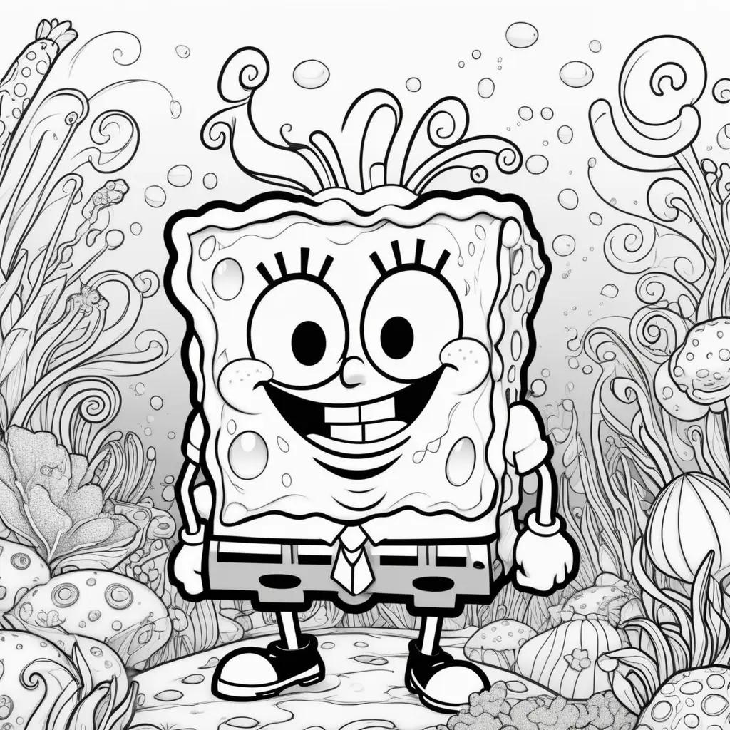 black and white drawing of a smiling Spongebob