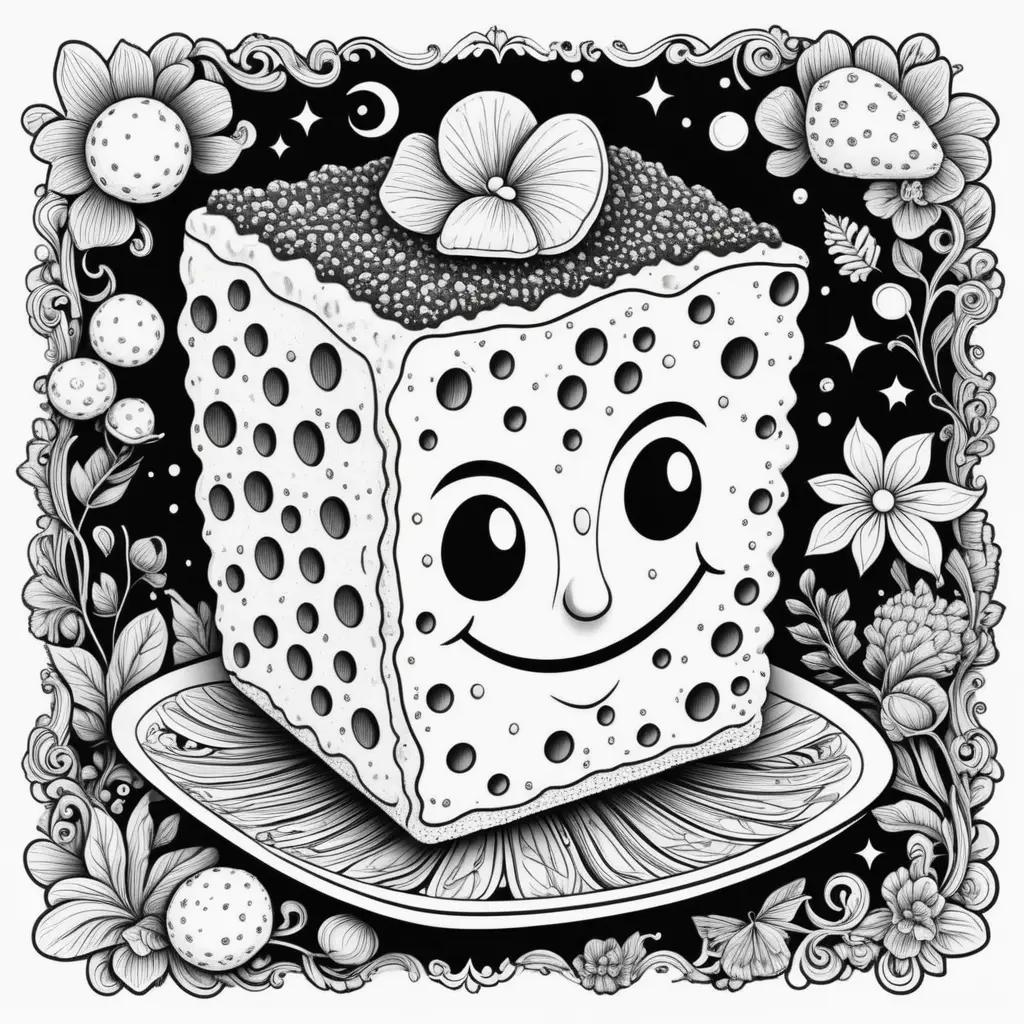 black and white drawing of a smiling cake with flowers and stars