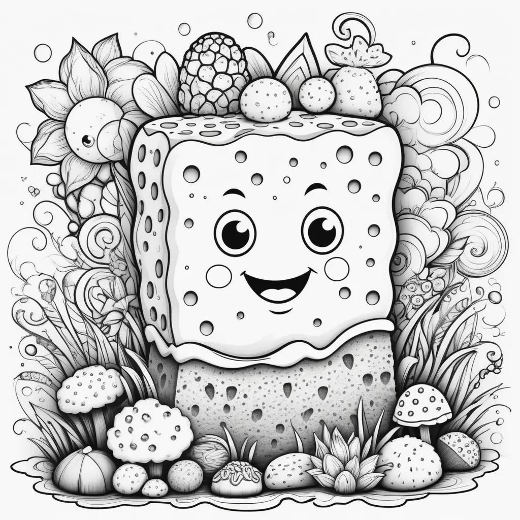 black and white drawing of a smiling sponge in a floral garden