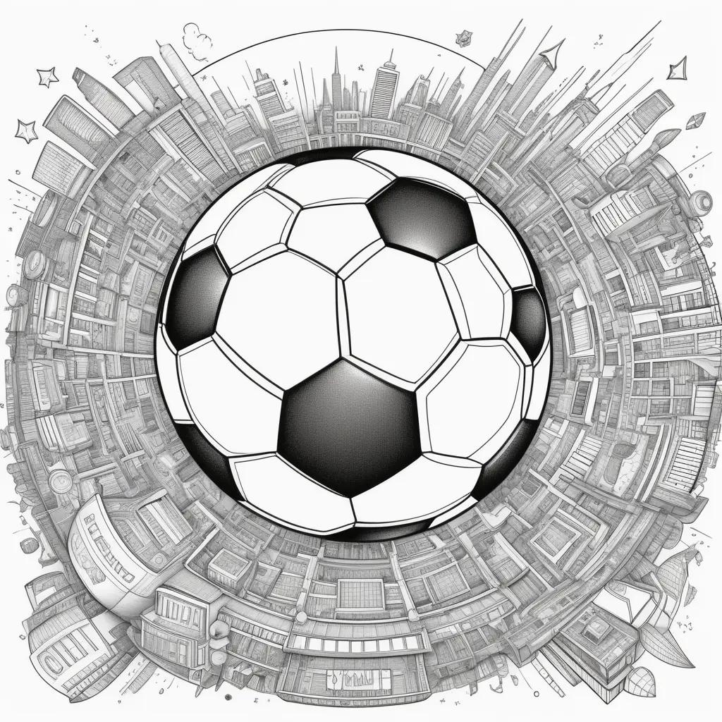 black and white drawing of a soccer ball and cityscape