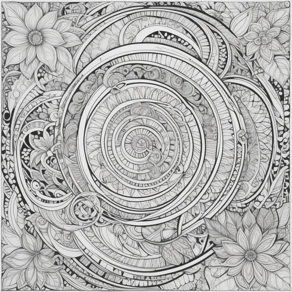 black and white drawing of a spiral surrounded by flowers