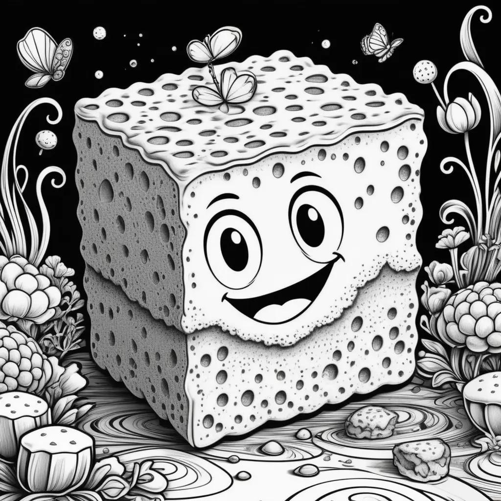 black and white drawing of a sponge with a smiling face