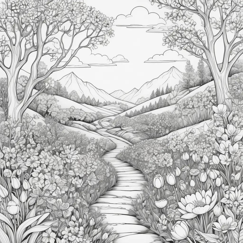 black and white drawing of a spring garden with flowers