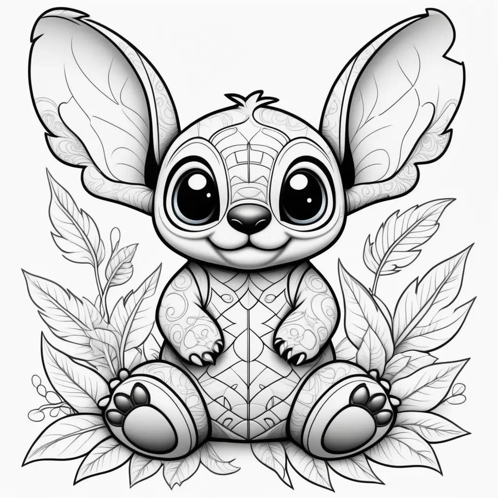 black and white drawing of a stuffed animal with leaves around it