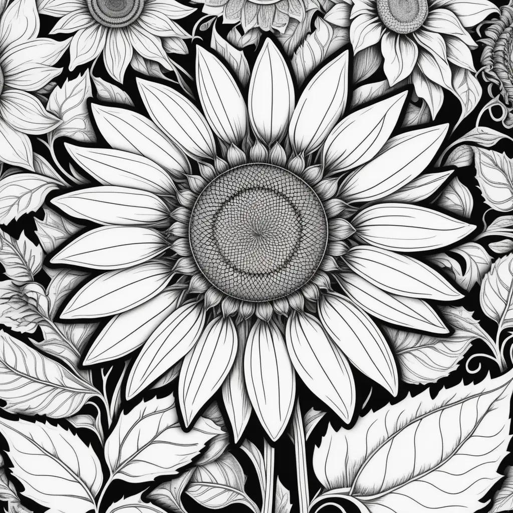 black and white drawing of a sunflower and leaves