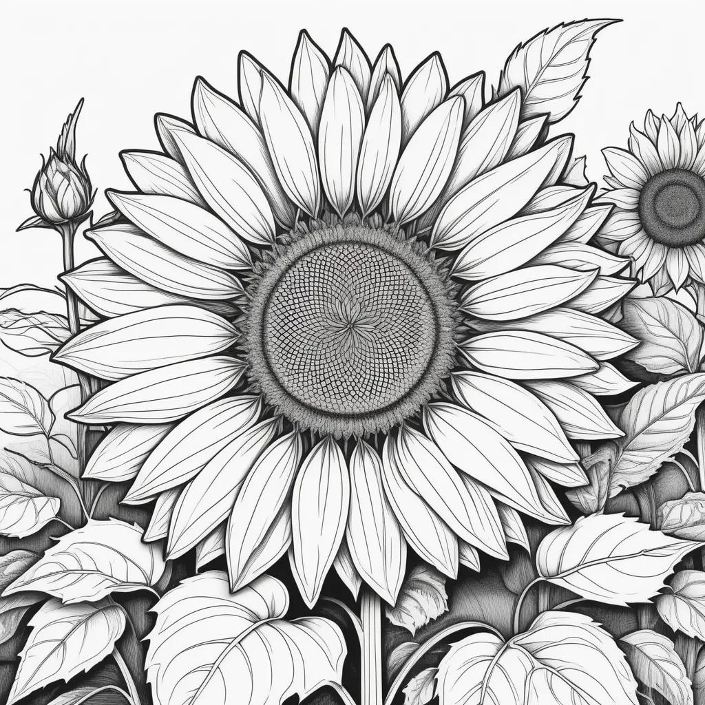 black and white drawing of a sunflower and leaves