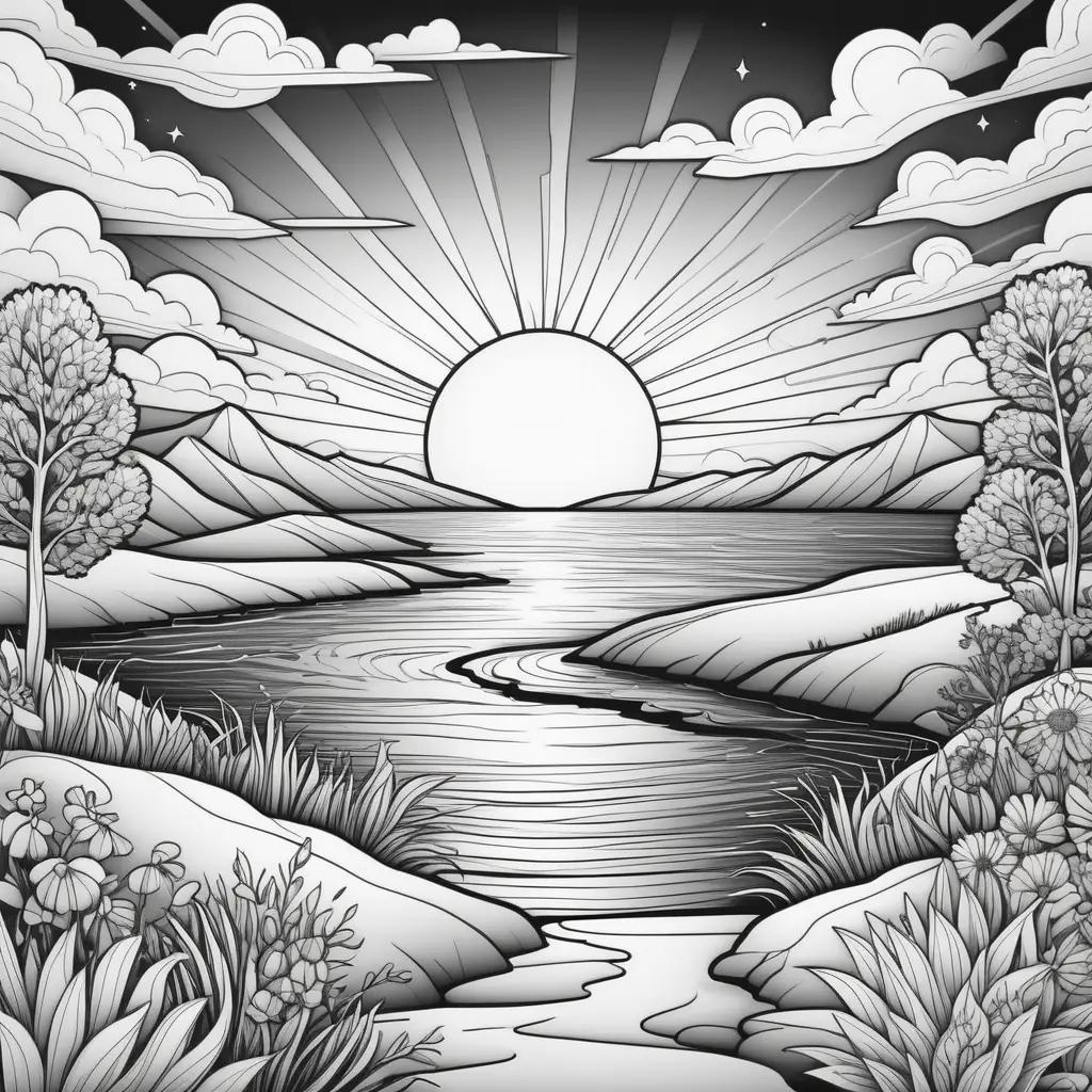 black and white drawing of a sunset over a body of water