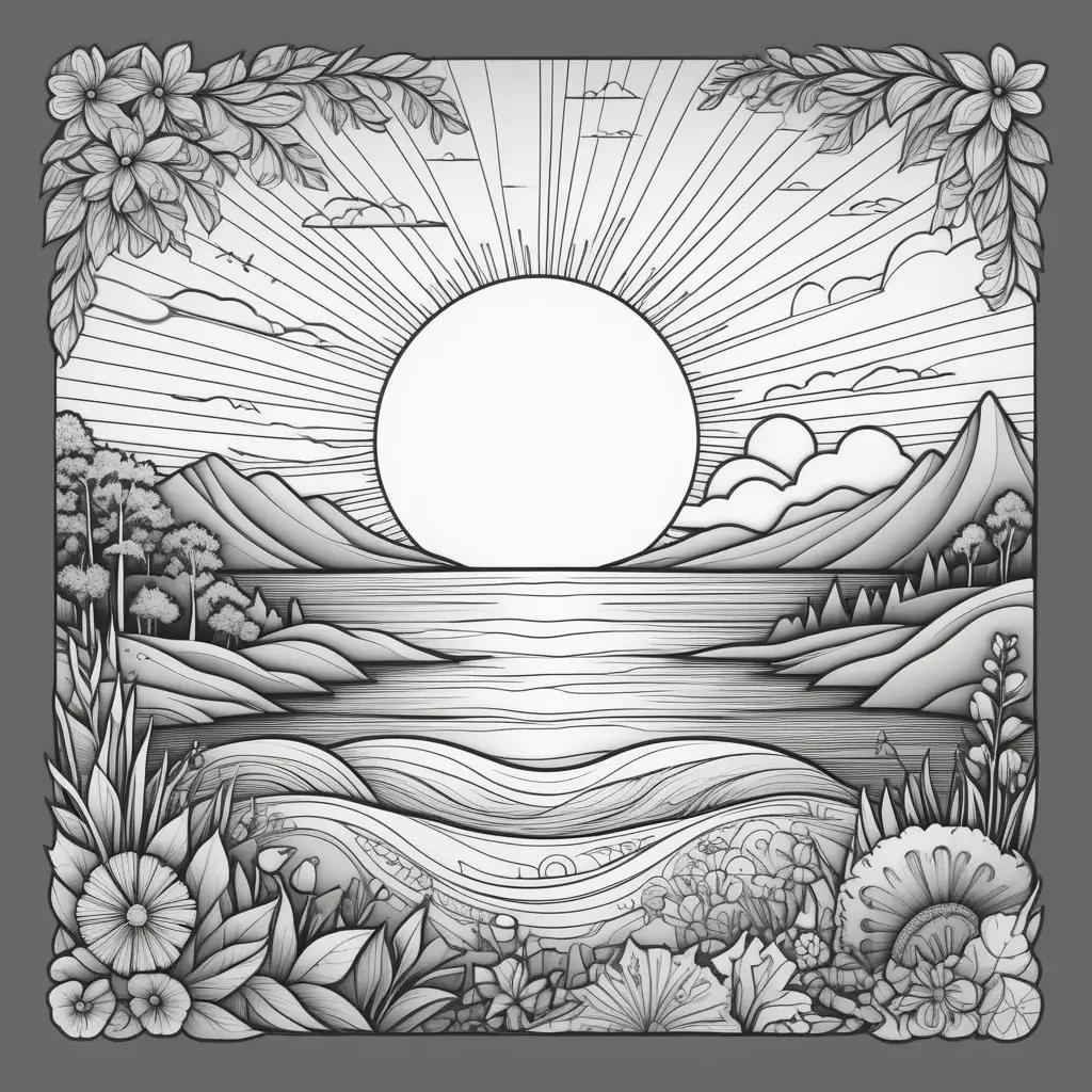 black and white drawing of a sunset with flowers and trees