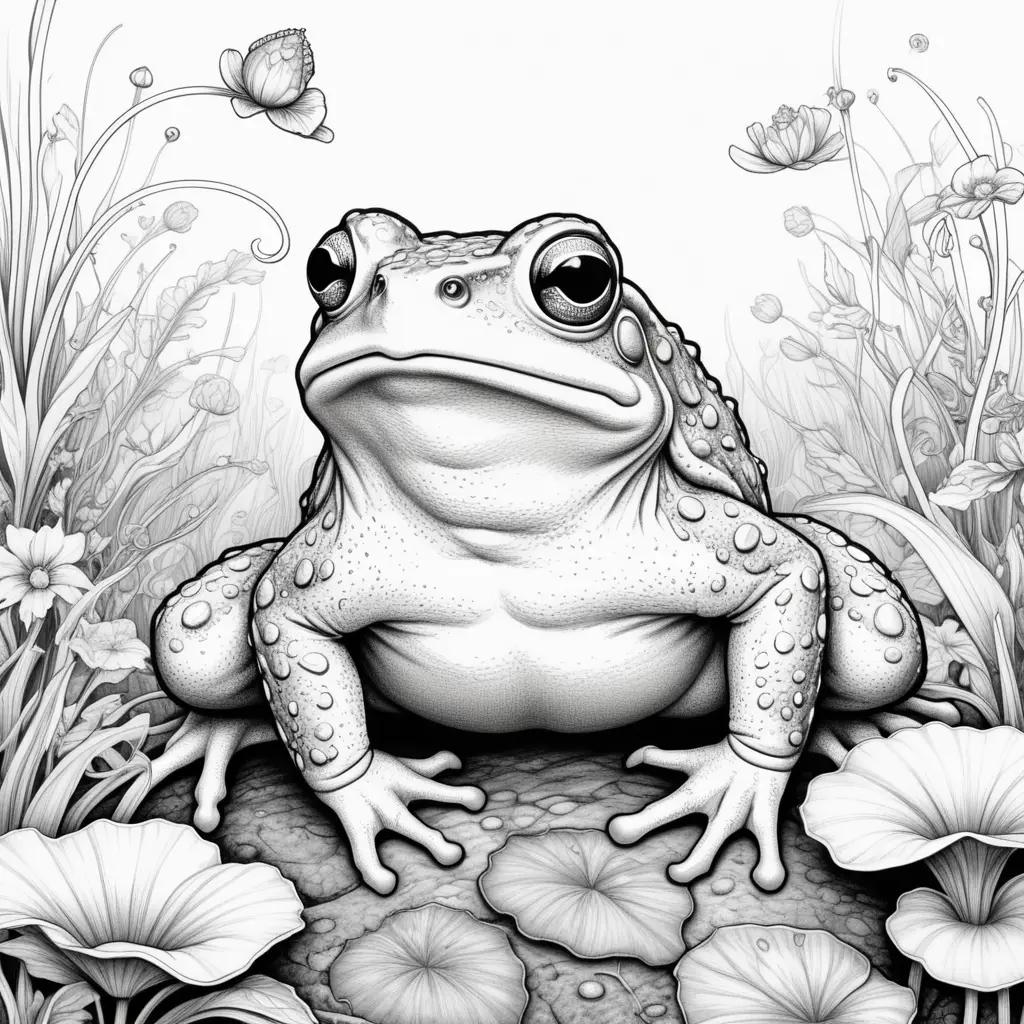 black and white drawing of a toad on a flower