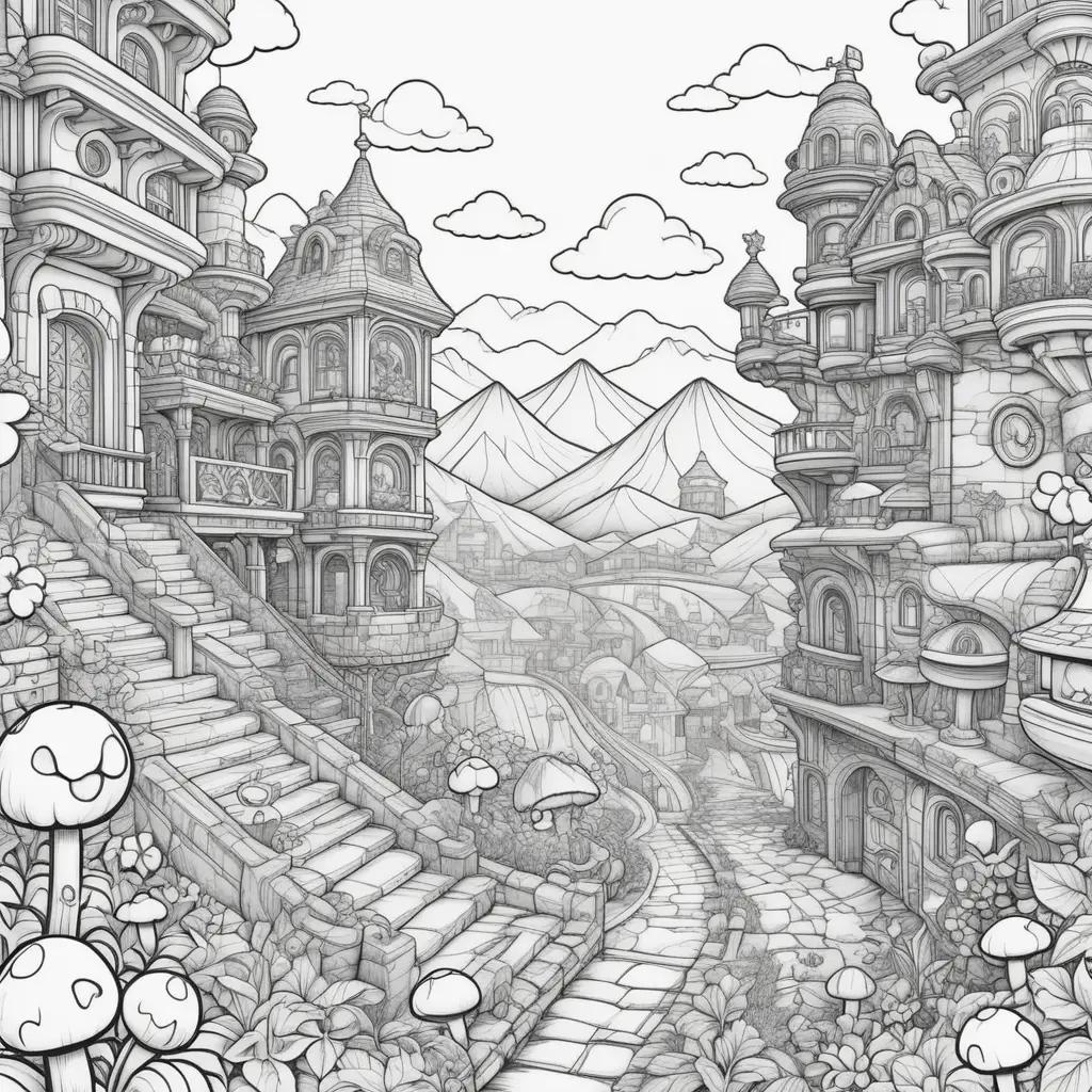 black and white drawing of a town with a mushroom house