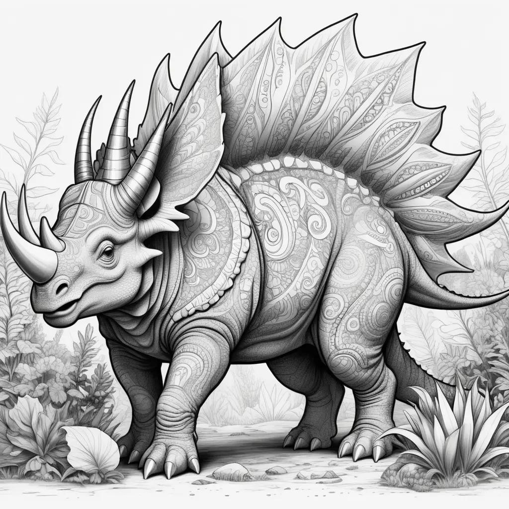 black and white drawing of a triceratops on a color page