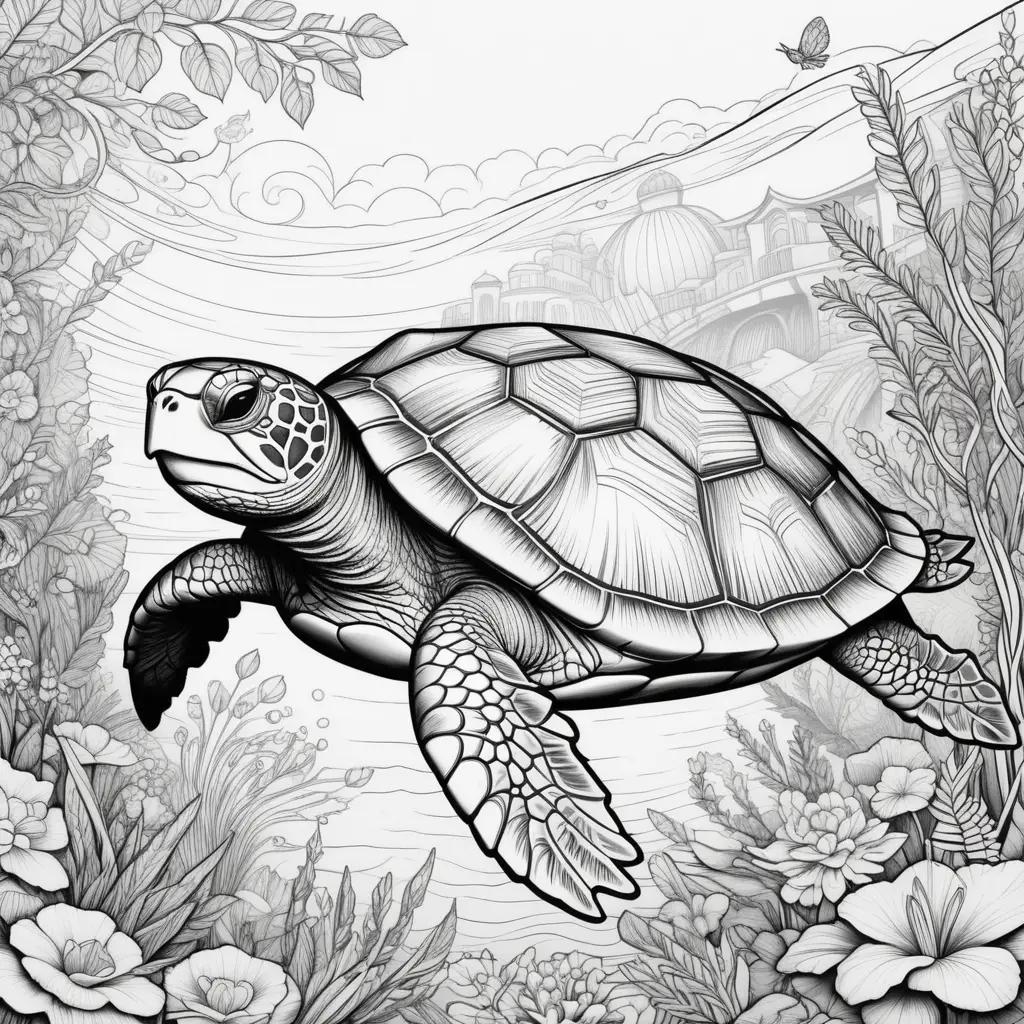 black and white drawing of a turtle coloring page