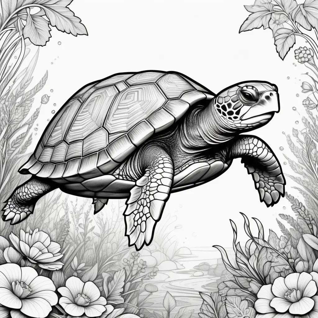 black and white drawing of a turtle in a floral background