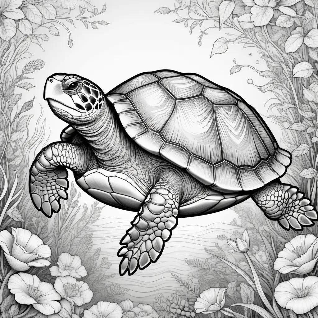 black and white drawing of a turtle on a background of flowers