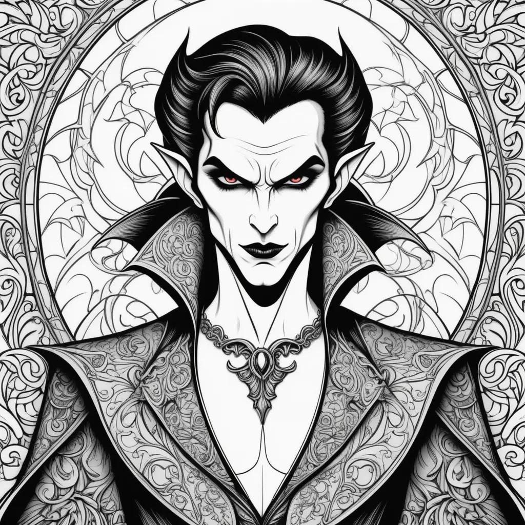 black and white drawing of a vampire in a black robe