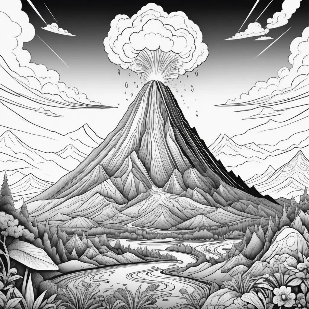 black and white drawing of a volcano and a mountain