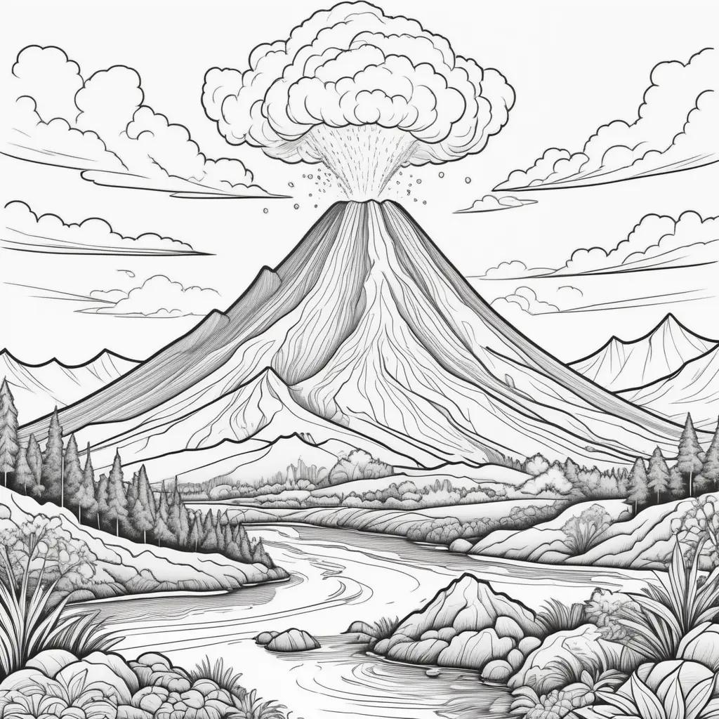 black and white drawing of a volcano and surrounding landscape