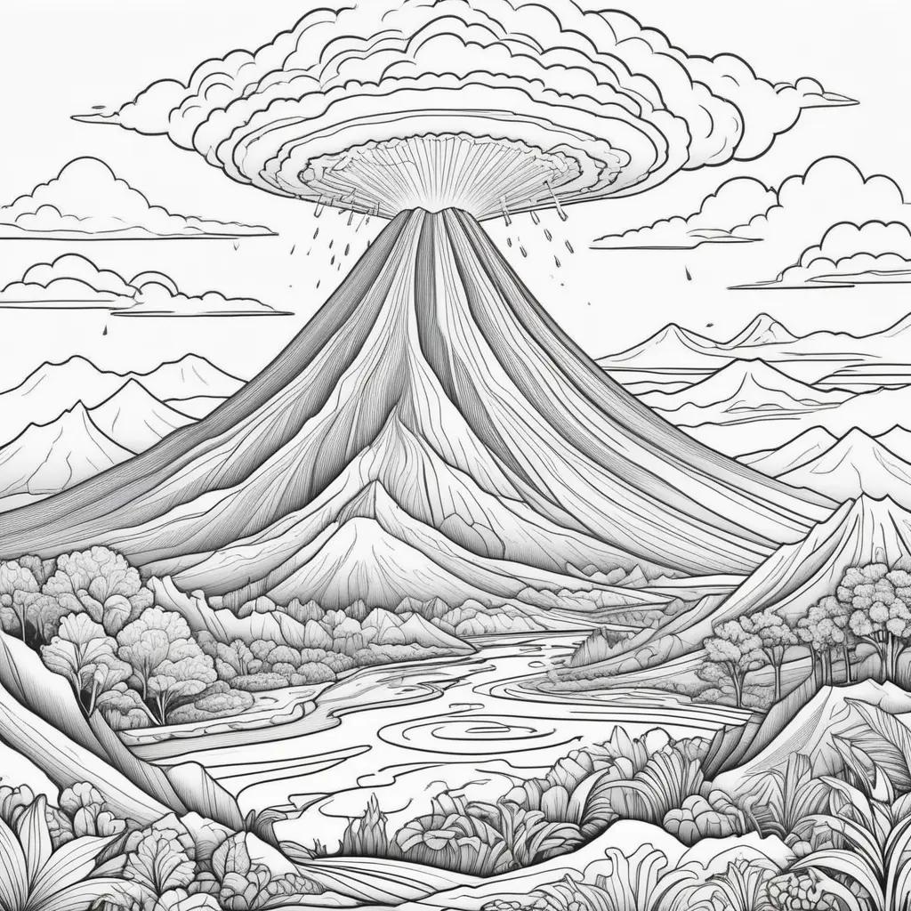 black and white drawing of a volcano in a forest