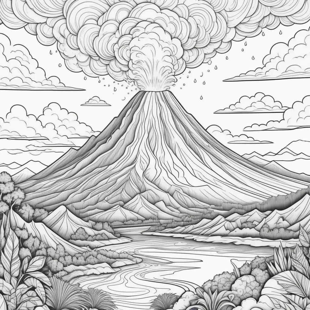 black and white drawing of a volcano with clouds and mountains