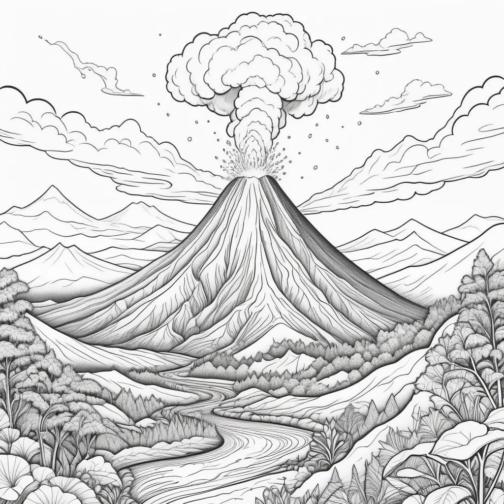 black and white drawing of a volcano with clouds in the background