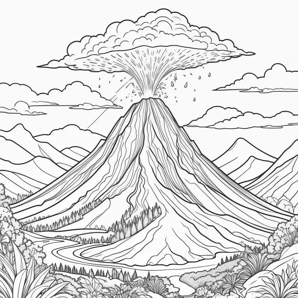 black and white drawing of a volcano with clouds