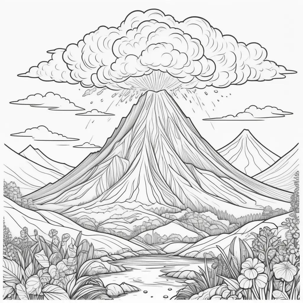 black and white drawing of a volcano with flowers and clouds