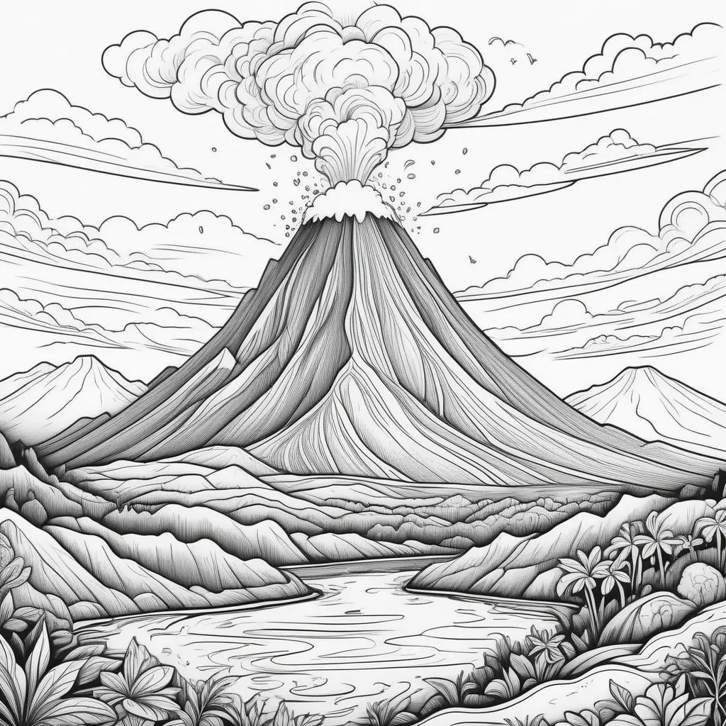 black and white drawing of a volcano with smoke coming out